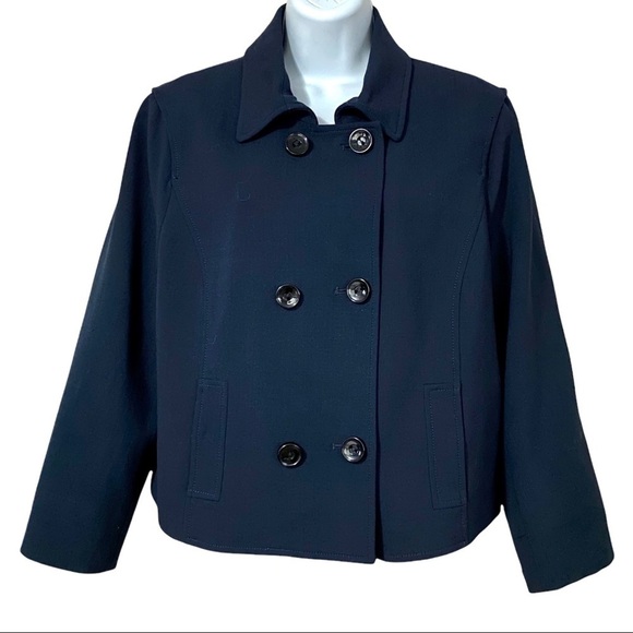 WORTH New York Blue Wool Cropped Jacket Pea Coat 14 Preppy Academia Classic - Picture 1 of 14